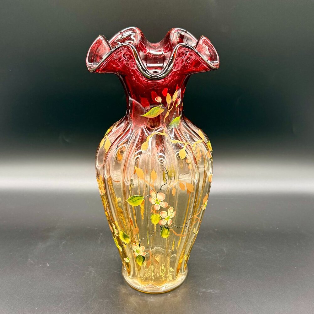 Vintage Fenton Art  Glass Tall Vase Signed by Artist Hand Painted Red and Amber